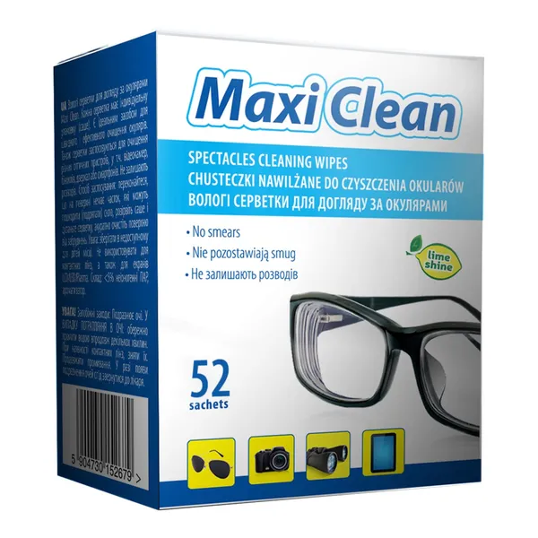Drėgnos servetėlės akinių stiklams valyti MAXI CLEAN, 52 vnt.
