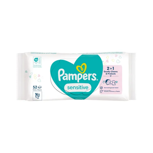 Drėgnos servetėlės be plastiko PAMPERS SENISTIVE, 52 vnt.