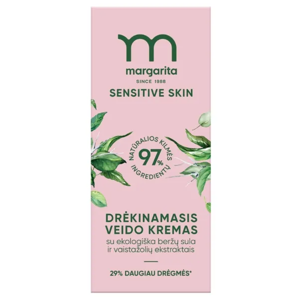 Drėkinamasis veido kremas MARGARITA SENSITIVE SKIN su ekologiška beržų sula ir vaistažolių ekstraktais 50 ml