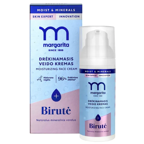 Drėkinamasis veido kremas su mineraliniu vandeniu „Birutė“ MARGARITA MOIST & MINERALS, 50 ml