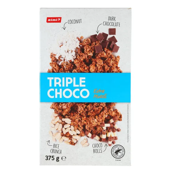 Traškūs dribsniai RIMI EXTRA TRIPLE CHOCO, 375 g