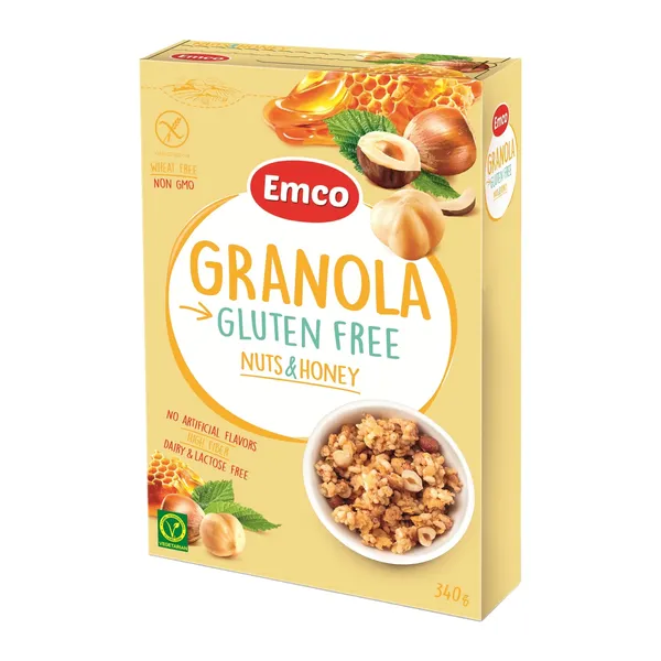 Grikių ir sorų dribsniai su medumi ir riešutais EMCO, be glitimo, 340 g