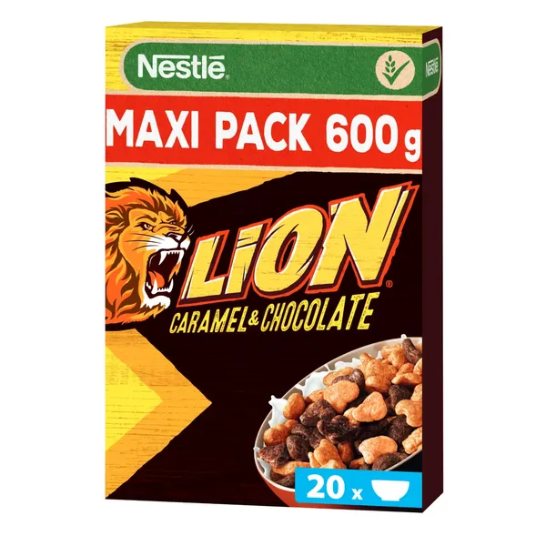 Pusryčių dribsniai su šokoladu, karamelės pasta, vitaminais ir mineralinėmis medžiagomis LION, 600 g