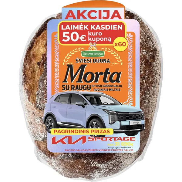 Duona su raugu ir visų grūdo dalių ruginiais miltais MORTA, 500 g