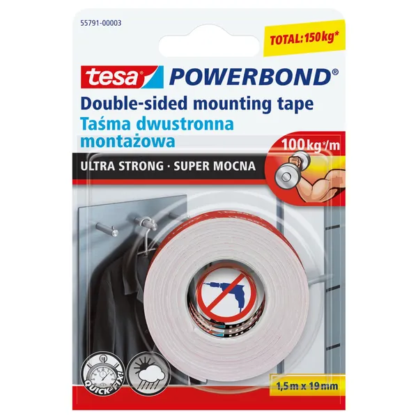 Dvipusė lipni juosta TESA POWERBOND ULTRA STRONG, 1,5 m x 19 mm