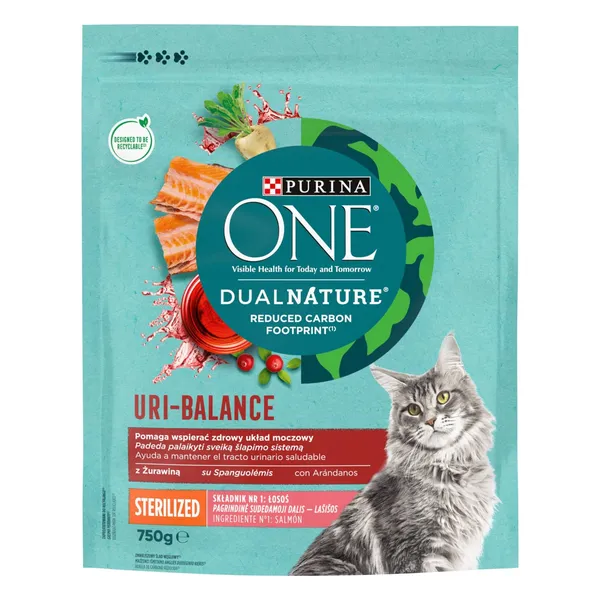 ONE Dual Nature Cranberry sausas ėdalas sterilizuotoms katėms su lašiša 750g