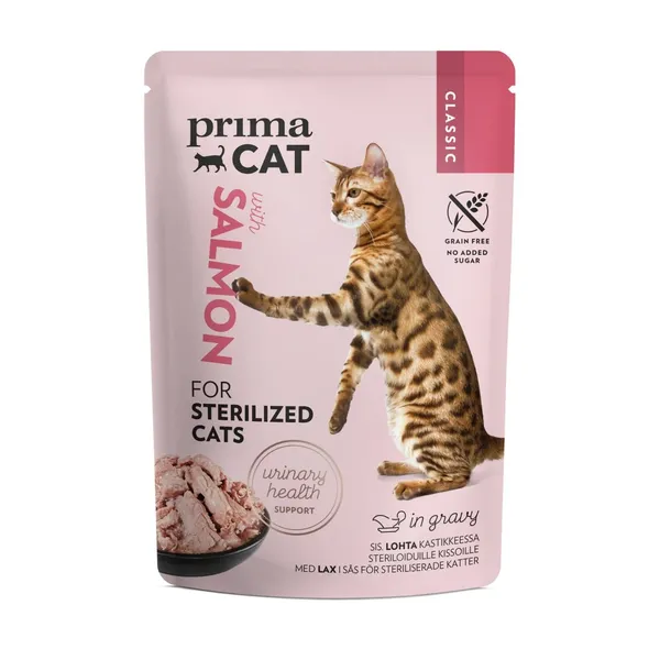 Ėdalas su lašiša padaže sterilizuotoms katėms PRIMA CAT CLASSIC, 85 g