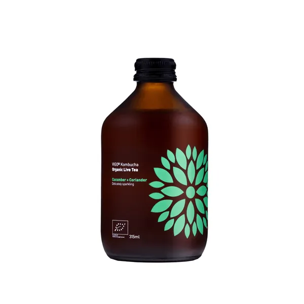 Gazuotas, ekologiškas agurkų ir kalendros skonio arbatos gėrimas VIGO KOMBUCHA, 0,33 l