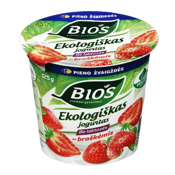 Ekologiškas jogurtas BIOS, su braškėmis, be laktozės, 125 g, LT-EKO-001