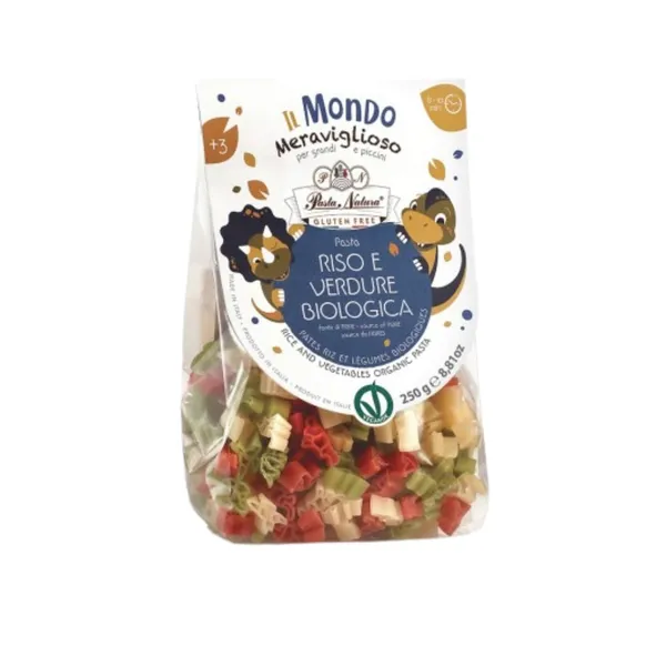Ekologiški burokėlių, špinatų ir baltųjų ryžių miltų makaronai DINOZAURAI PASTA NATURA be gliuteno, 250 g