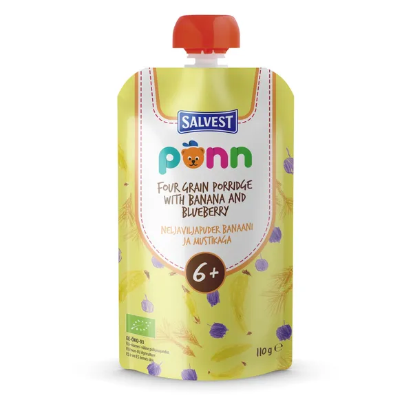 Ekologiška keturių grūdų košė su bananais ir mėlynėmis PONN, nuo 6 mėn, 110 g