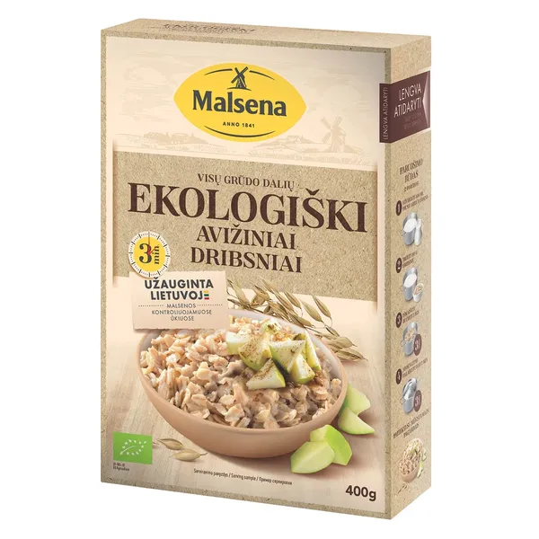 Ekologiški viso grūdo dalių avižiniai dribsniai MALSENA ENERGIJA, 400 g
