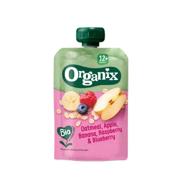 Ekologiška avižų košė ORGANIX, su obuoliais, bananais, avietėmis ir mėlynėmis, 12 mėn. 100 g