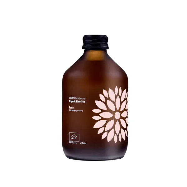 Gazuotas, ekologiškas, rožių skonio arbatos gėrimas VIGO KOMBUCHA, 0,33 l