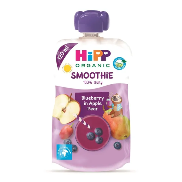 Ekologiškas glotnutis su mėlynėmis, obuoliais ir kriaušėmis HIPP BIO, nuo 1 metų amžiaus, 120 ml