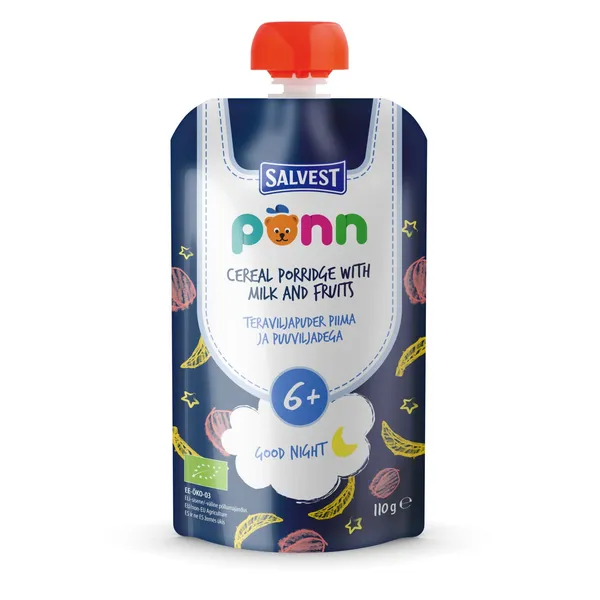 Ekologiška grūdų košė su pienu ir vaisiais PONN GOOD NIGHT, 6 mėn., 110 g