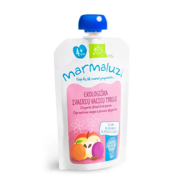 Ekologiška įvairių vaisių tyrelė MARMALUZI (nuo 4 mėn.), 90 g