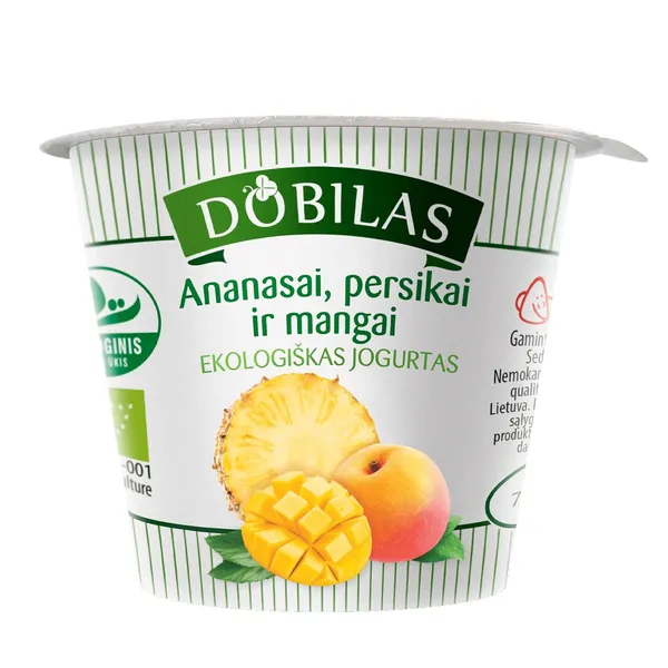 Ekologiškas jogurtas DOBILAS su ananasais, mangais ir persikais 2,5-3,5% rieb., 125g, LT-EKO-001