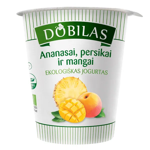 Ekologiškas jogurtas su ananasais, persikais ir mangais DOBILAS, 2,5-3,5 % rieb., 300 g