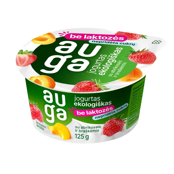 Ekologiškas jogurtas be laktozės su abrikosais ir braškėmis AUGA, 3,5 % rieb., 125 g