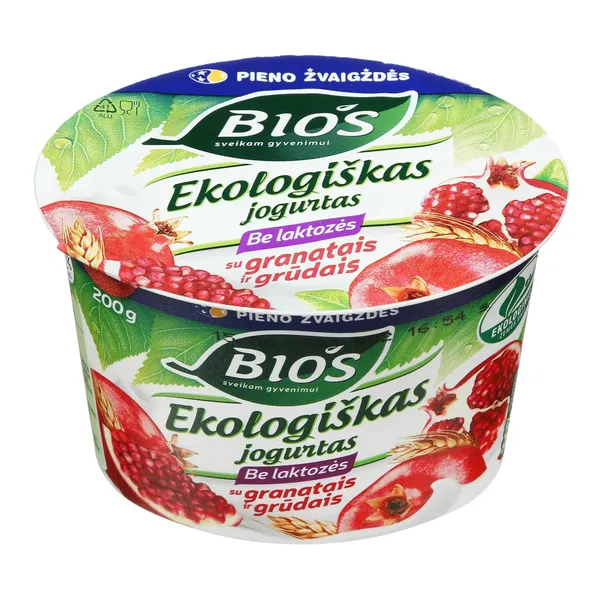Ekologiškas jogurtas be laktozės su granatais ir grūdais BIOS, 3,2 % rieb., 200 g