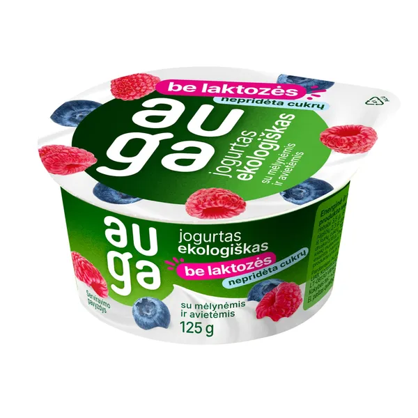 Ekologiškas jogurtas be laktozės su su mėlynėmis ir avietėmis AUGA, 3,5 % rieb., 125 g