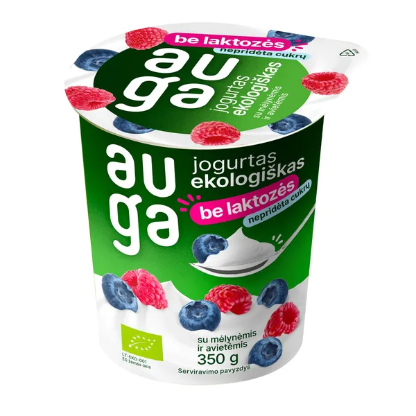 Ekologiškas jogurtas be laktozės su su mėlynėmis ir avietėmis AUGA, 3,5 % rieb., 350 g