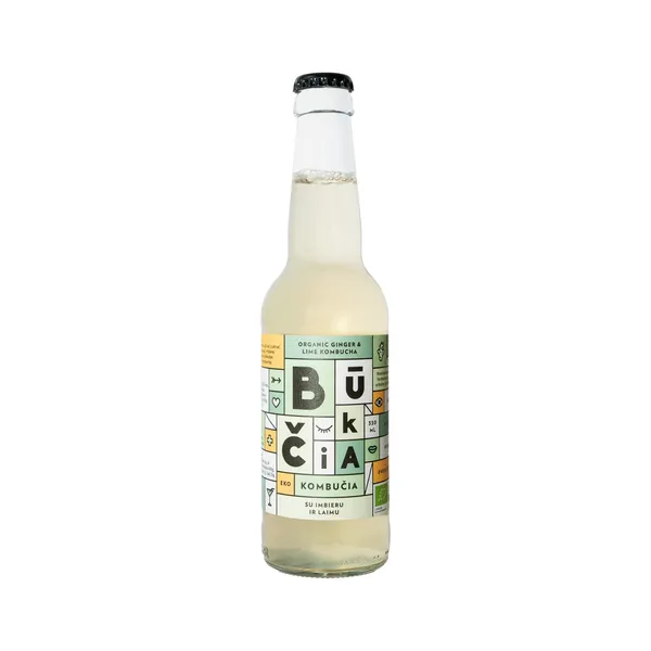 Ekologiškas nealkoholinis fermentuotas arbatos gėrimas BŪKČIA, su imbieru ir laimu, 330 ml