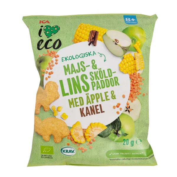 Ekologiškas kukurūzų ir lęšių užkandis su obuoliais ir cinamonu I LOVE ECO, nuo 8 mėn, 20 g