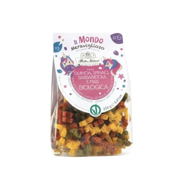 Ekologiški UNICORN kukurūzų makaronai su bolivine balanda, burokėliais ir špinatais PASTA NATURA, 250 g