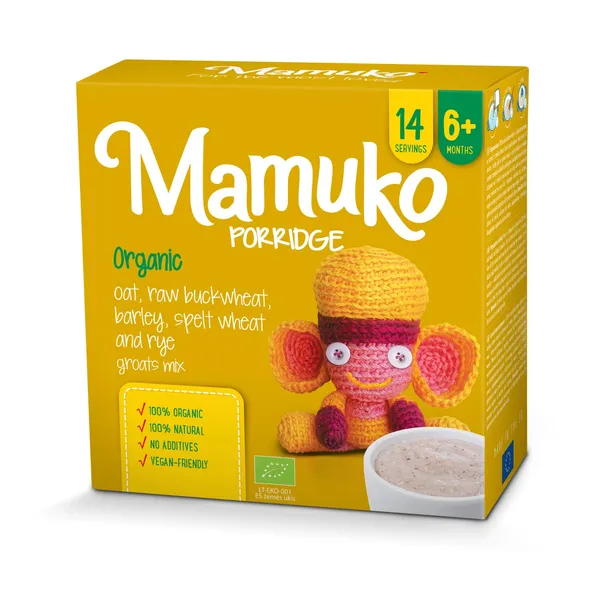 Ekologiškų avižų, šviesių grikių, miežių, spelta kviečių ir rugių MAMUKO kruopyčių mišinys, 6 mėn, 240 g