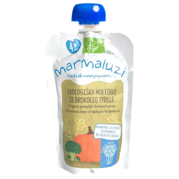 Ekologiška moliūgų ir brokolių tyrelė MARMALUZI, nuo 4 mėn, 90 g