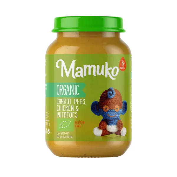 Ekologiška morkų, žirnelių, vištienos ir bulvių košė kūdikiams MAMUKO, nuo 6 mėn., 190 g