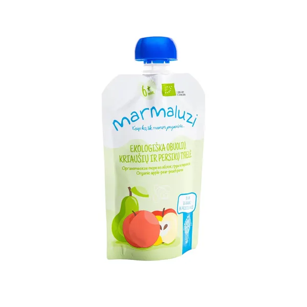 Ekologiška obuolių, kriaušių ir persikų tyrelė MARMALUZI (nuo 6 mėn.), 90 g