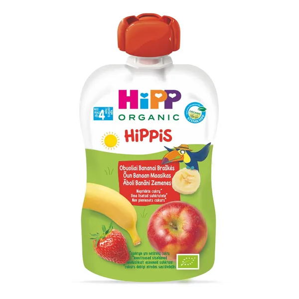 Ekologiška obuolių, bananų ir braškių tyrelė HIPP, nuo 4 mėn, 100 g