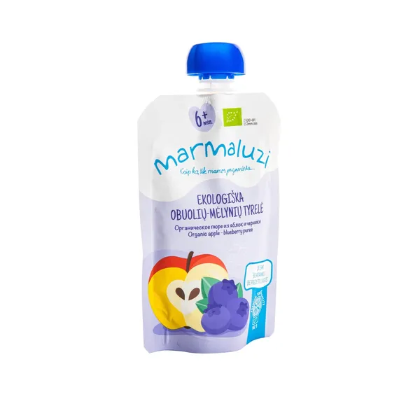 Ekologiška obuolių, mėlynių tyrelė MARMALUZI (nuo 6 mėn.), 90 g