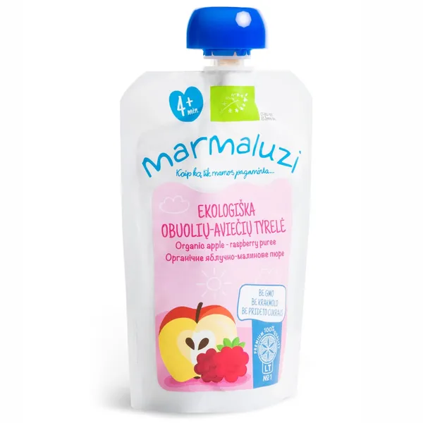 Ekologiška obuolių ir aviečių tyrelė MARMALUZI (nuo 4 mėn.), 90 g
