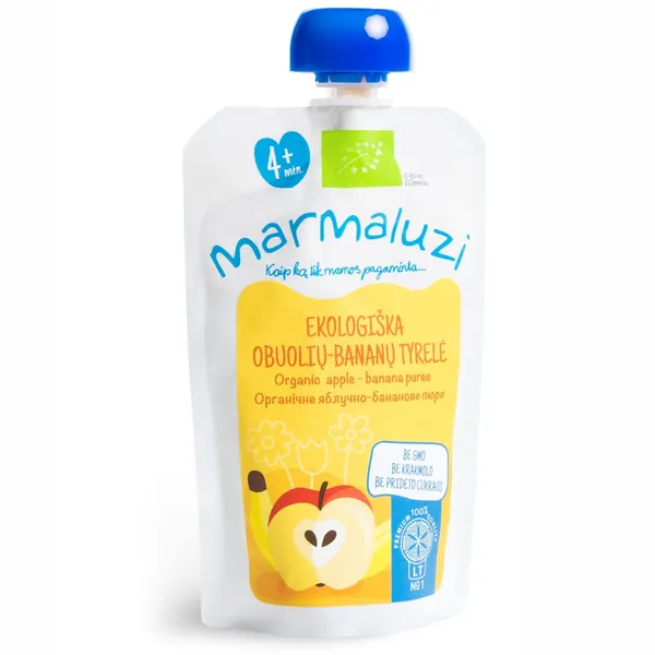 Ekologiška obuolių ir bananų tyrelė MARMALUZI (nuo 4 mėn), 90 g