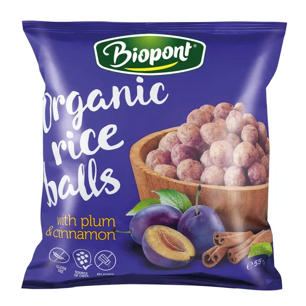 Ekologiški ryžių rutuliukai su slyvomis ir cinamonu BIOPONT, 55 g
