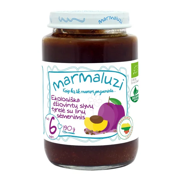 Ekologiška džiovintų slyvų su linų sėmenų tyrelė MARMALUZI, 6 mėn. 190 g