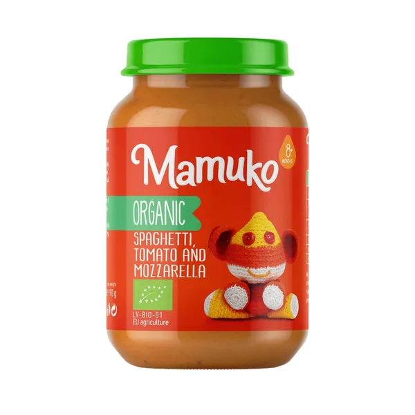 Ekologiški spagečiai su pomidorais ir mocarela kūdikiams MAMUKO, nuo 8 mėn., 190 g