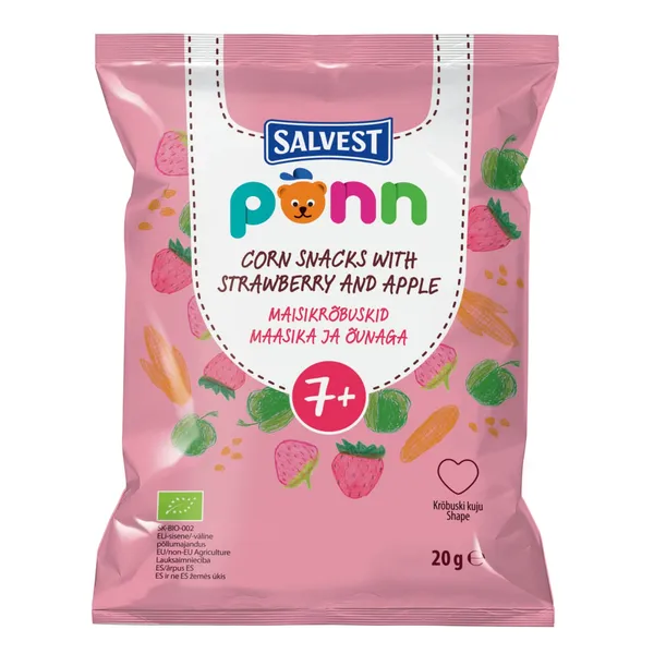 Ekologiškas kukurūzų užkandis su braškėmis ir obuoliais PONN, 7 mėn, 20 g