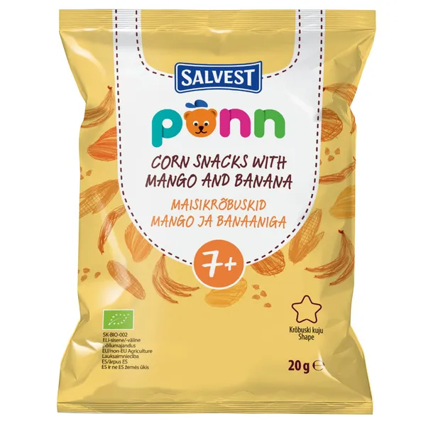 Ekologiškas kukurūzų užkandis su mangais ir bananais PONN, 7 mėn, 20 g