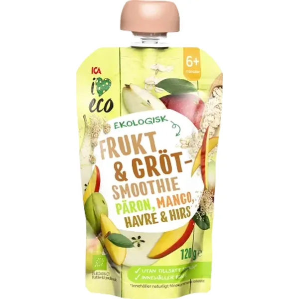 Ekologiška vaisių ir grūdų tyrelė su kriaušėmis, mangais, avižomis ir soromis I LOVE ECO, nuo 6 mėn, 120 g