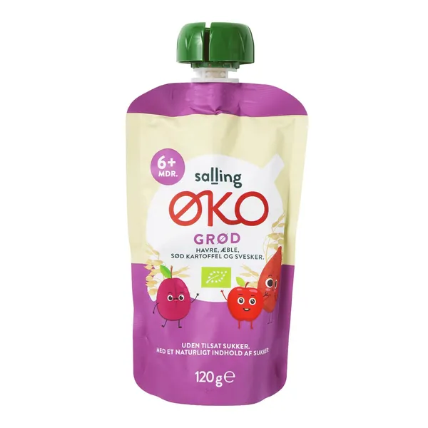 Ekologiška košė su avižomis, obuoliais, saldžiosiomis bulvėmis ir slyvomis SALLING EKO, 6 mėn.+, 120 g