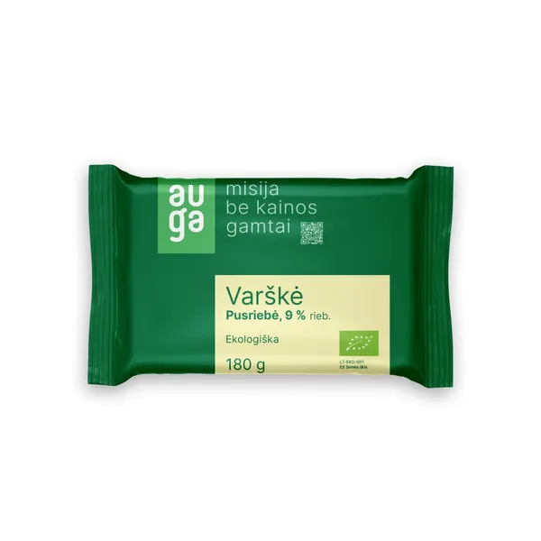 Ekologiška pusriebė varškė AUGA, 9 % rieb. 180 g
