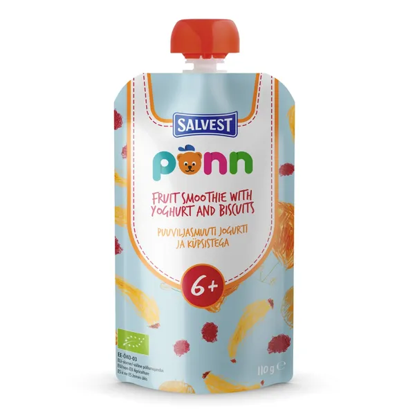 Ekologiška vaisių ir jogurto tyrelė su sausainiais PONN, 6 mėn., 110 g