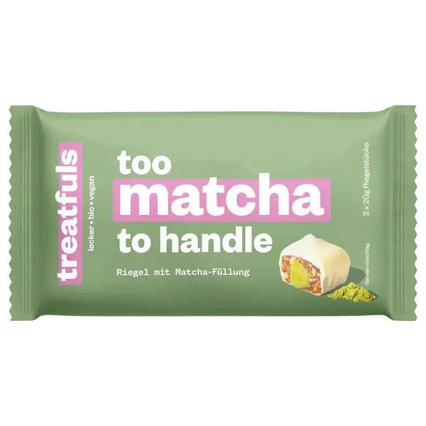 Ekologiškas baltojo šokolado batonėlis su mačios įdaru TOO MATCHA TO HANDLE TREATFULS su saldikliu, 2 x 20 g