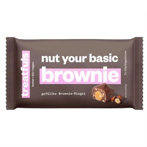 Ekologiškas batonėlis su lazdynų riešutų įdaru ir juodojo šokolado glaistu BROWNIE TREATFULS, 2 x 20 g