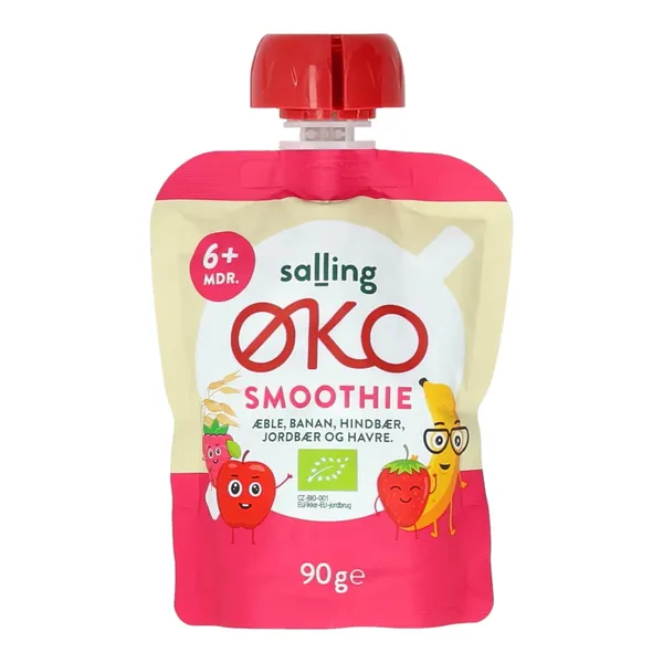 Ekologiškas glotnutis su obuoliais, bananais, avietėmis, braškėmis ir avižomis SALLING EKO, 6 mėn.+, 90 g
